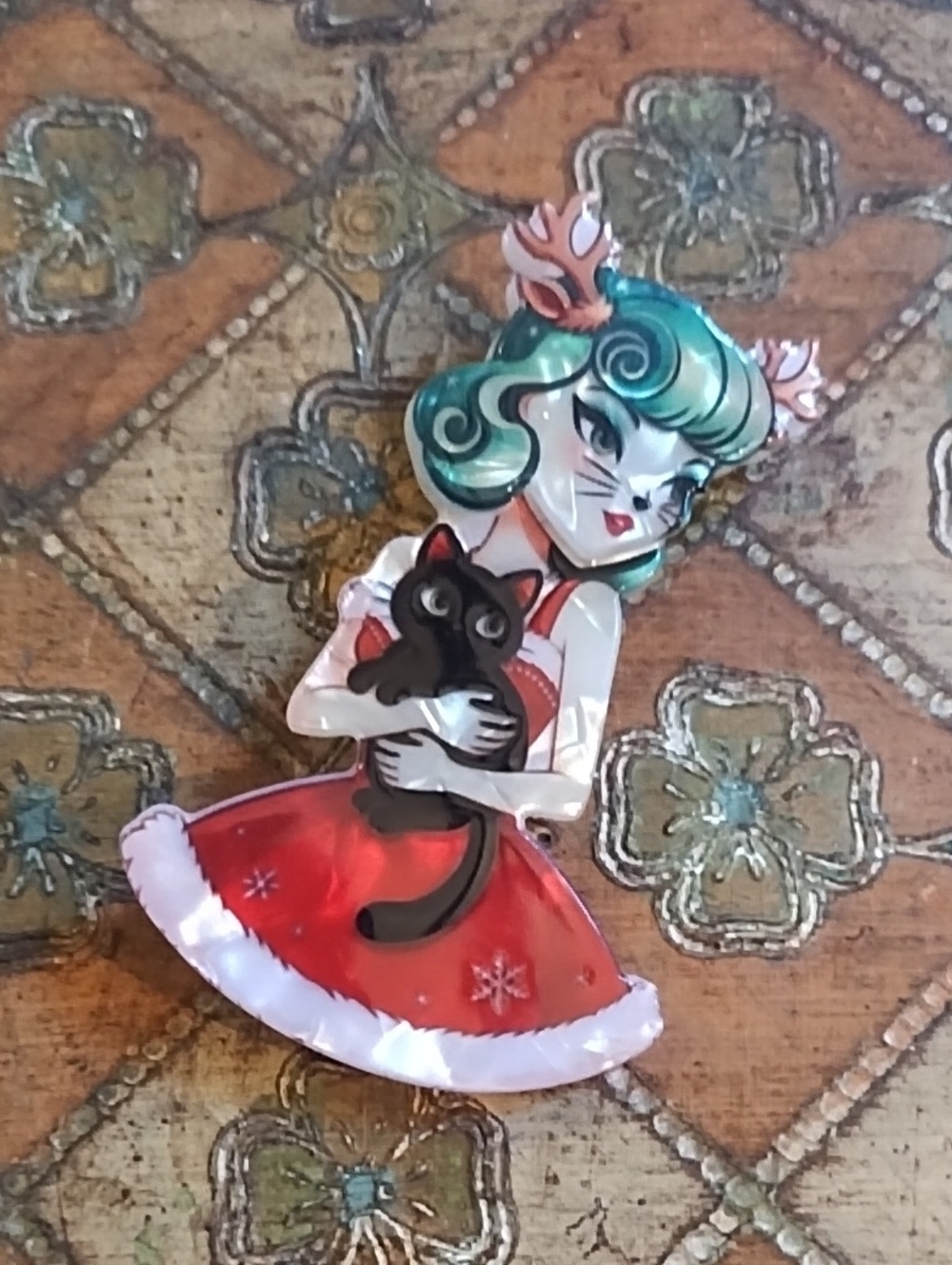 Stylish Cat-Lover Enamel Pin — Red Dress with Black Cat